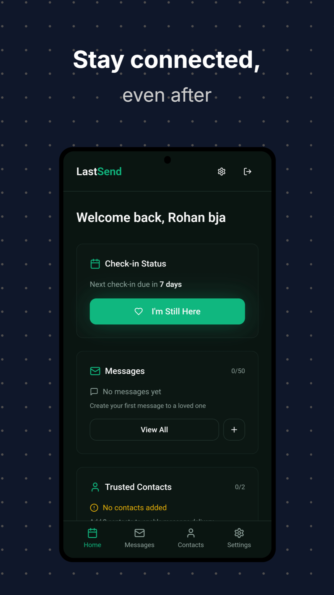 LastSend Home — Check-in & Messages