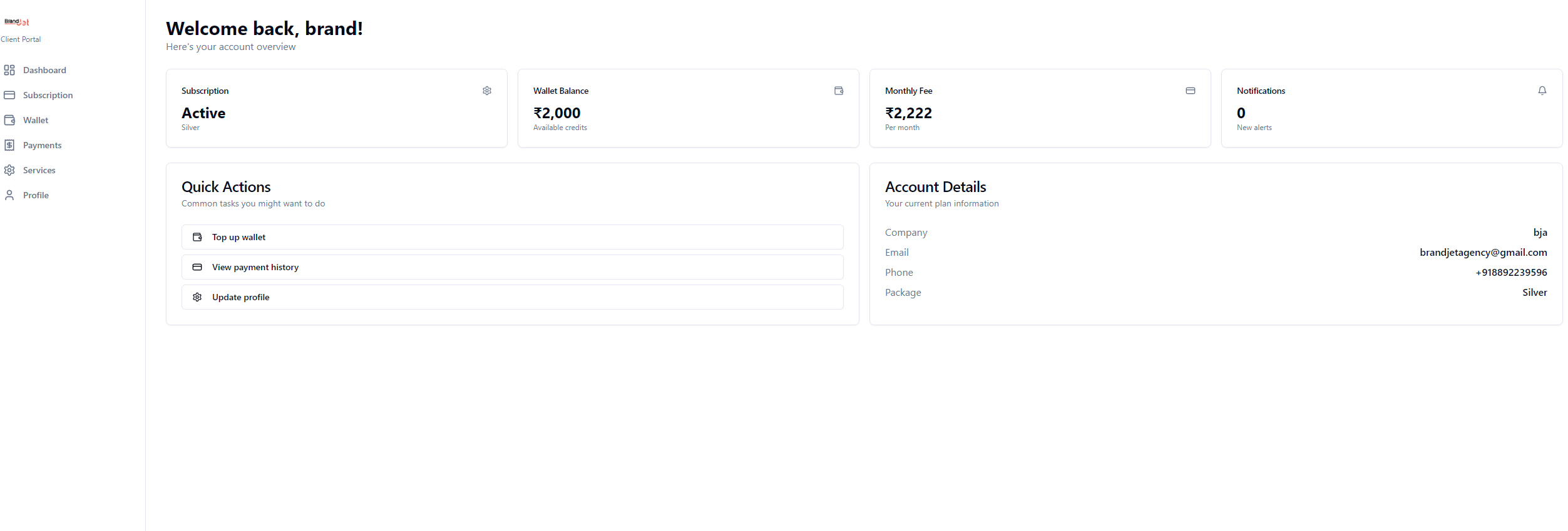 Orbit Client Portal — Dashboard with subscription, wallet, notifications