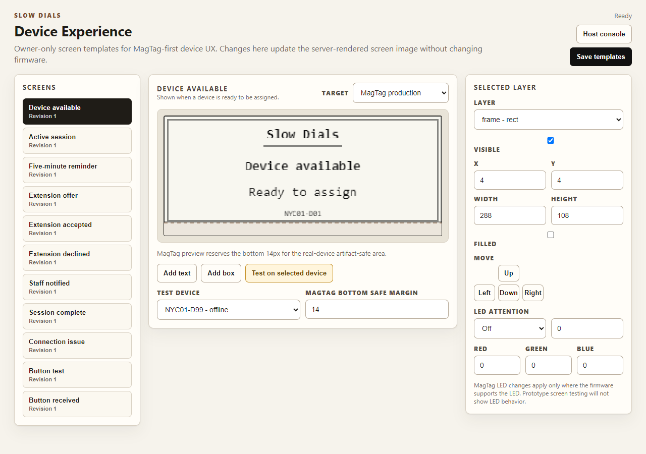 Slow Dials editor for configuring guest-facing e-paper device screens